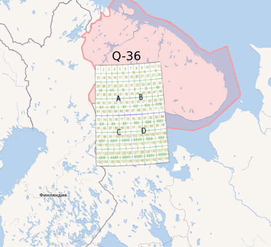 Схема квадрантов карты Q-36 Мурманской области на карте России 
