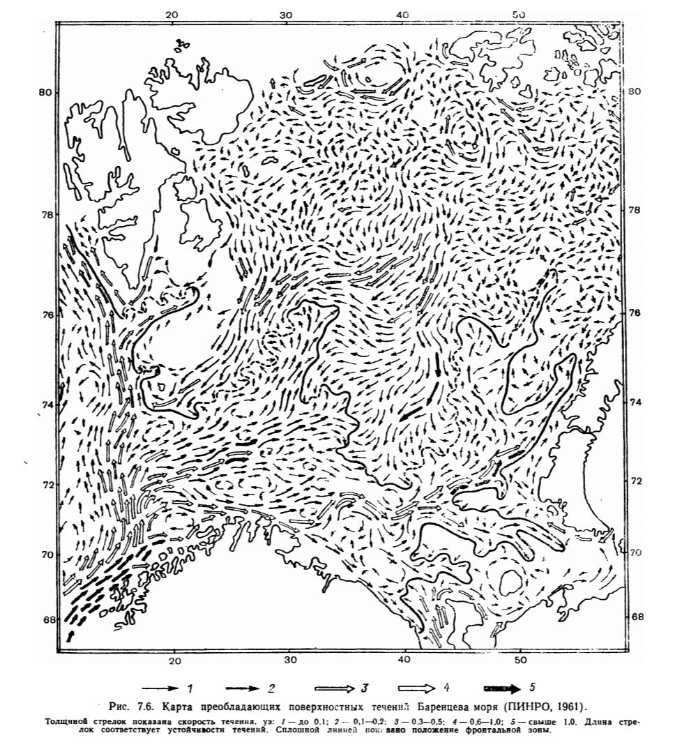 Рис. 7.6. Карта преобладающих поверхностных течение Баренцева моря (ПИНРО, 1961).