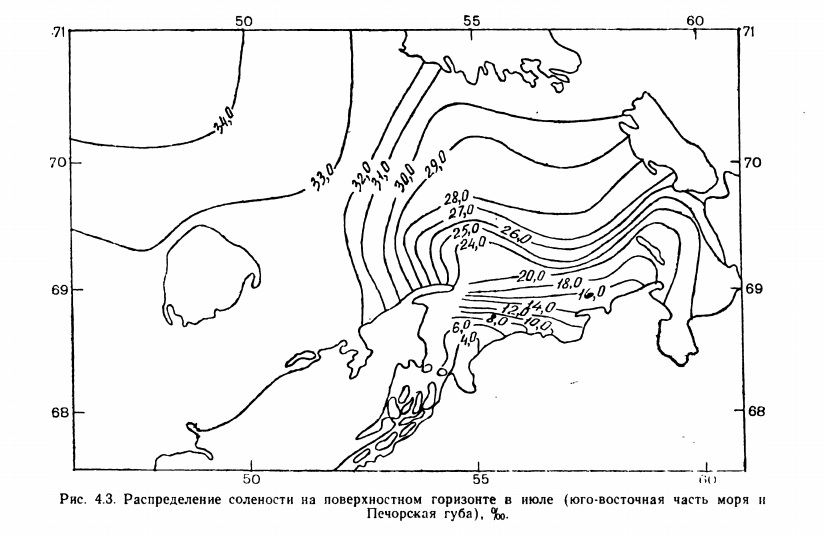 Рис. 4.3. Распределение солености на поверхностном горизонте в июле (юго-восточная часть моря и Печорская губа).