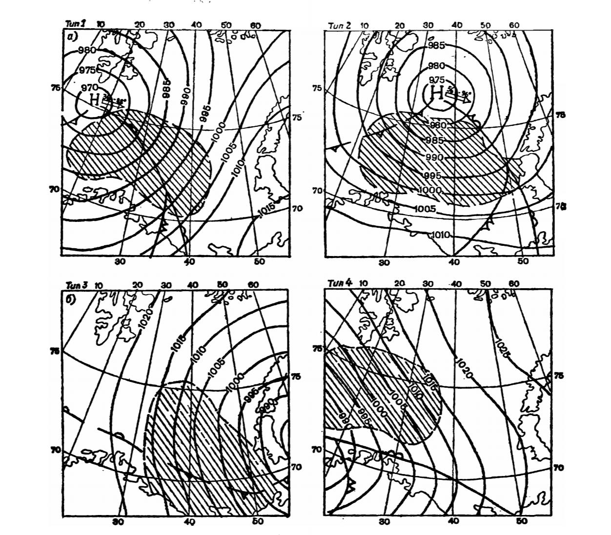 Рис. 8.2. Типовые синоптические положения, вызывающие штормовое
волнение в Баренцевом море (холодное полугодие)..