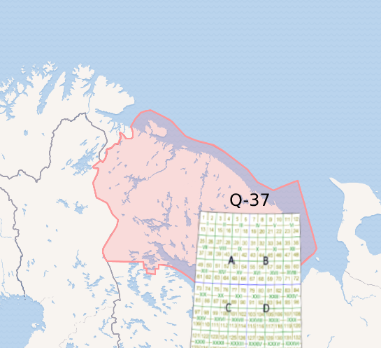Схема квадрантов карты Q-37 Мурманской области на карте России 