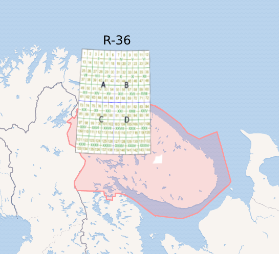 Схема квадрантов карты R-36 Мурманской области на карте России 