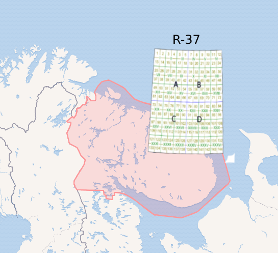 Схема квадрантов карты R-37 Мурманской области на карте России 